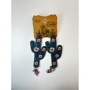 Justin Teal Embossed Leather Cactus Drop Earrings with Embroidery and Stones